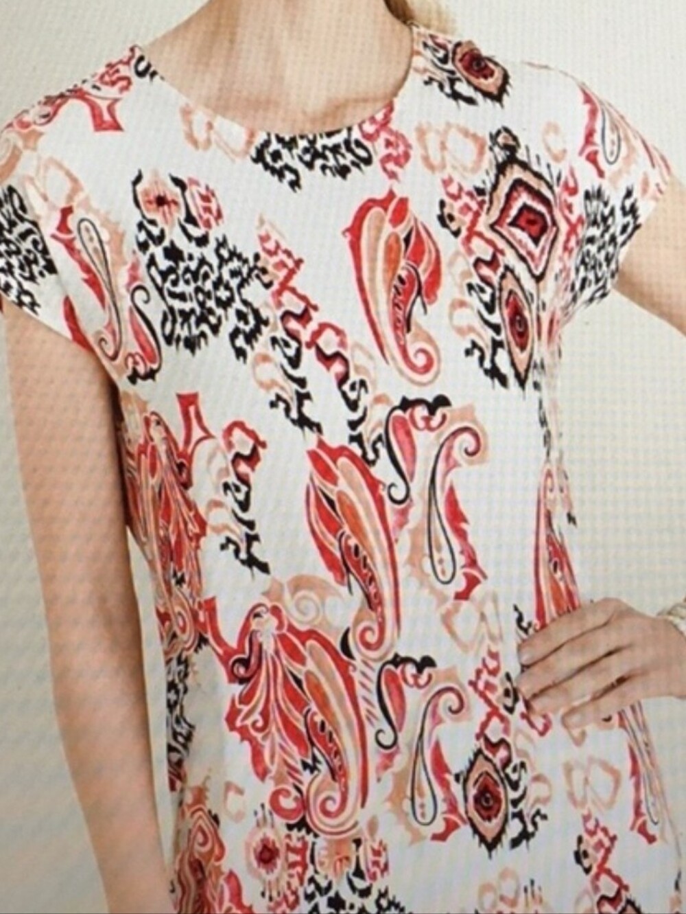 CHICOS size XL Short Sleeve Cotton Slub Paisley Round Neck Shirt White